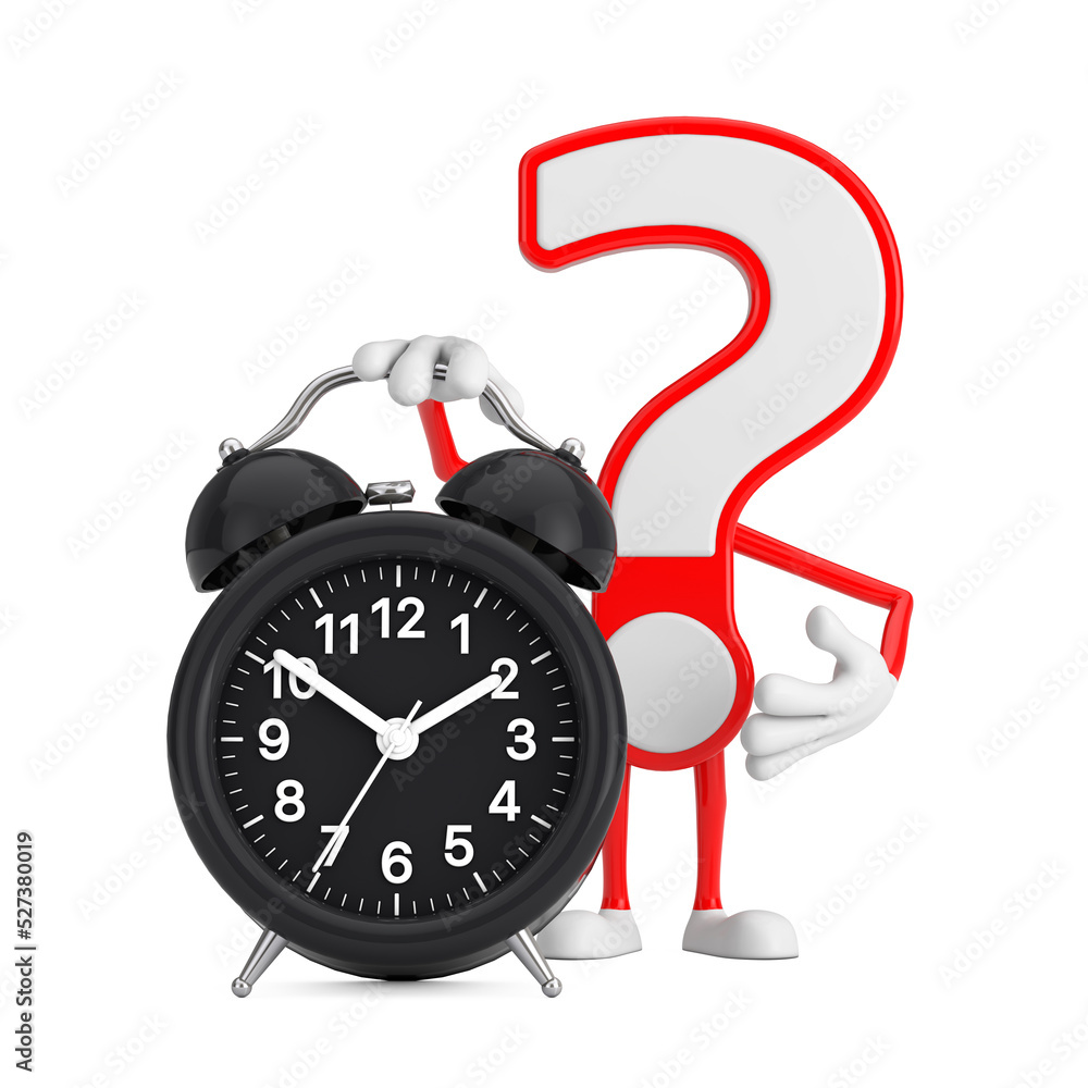 Aufkleber Question Mark Sign Cartoon Character Person Mascot with Alarm Clock. 3d Rendering