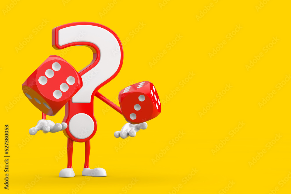 Leinwandbilder question mark sign cartoon character person mascot with red game dice cubes in flight. 3d rendering