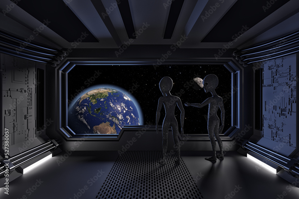 Poster aliens in alien spaceship room interior with view on space and earth planet. elements of this image 
