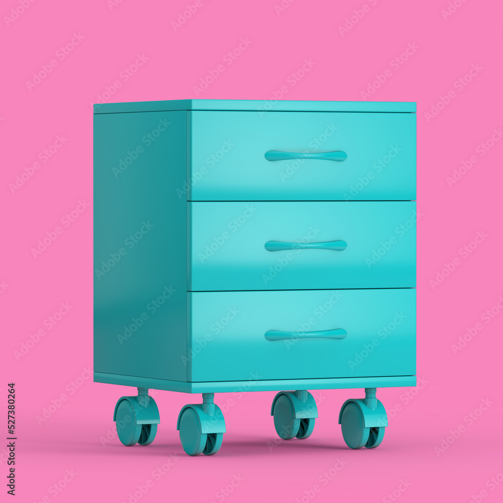Poster blue modern room bedside table with wheels in duotone style. 3d rendering