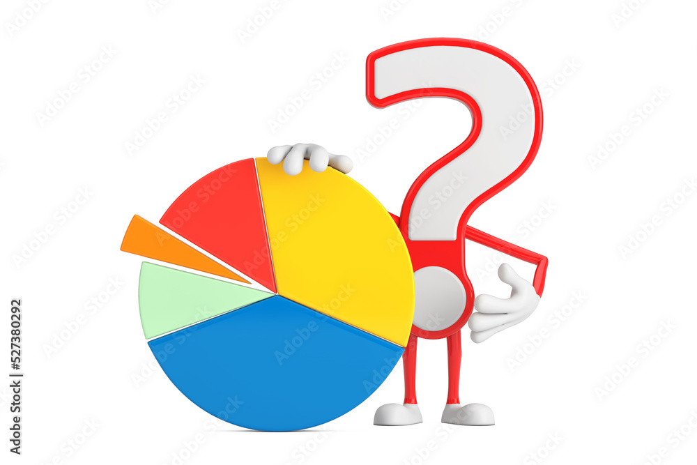 Poster question mark sign cartoon character person mascot with info graphics business pie chart. 3d renderi