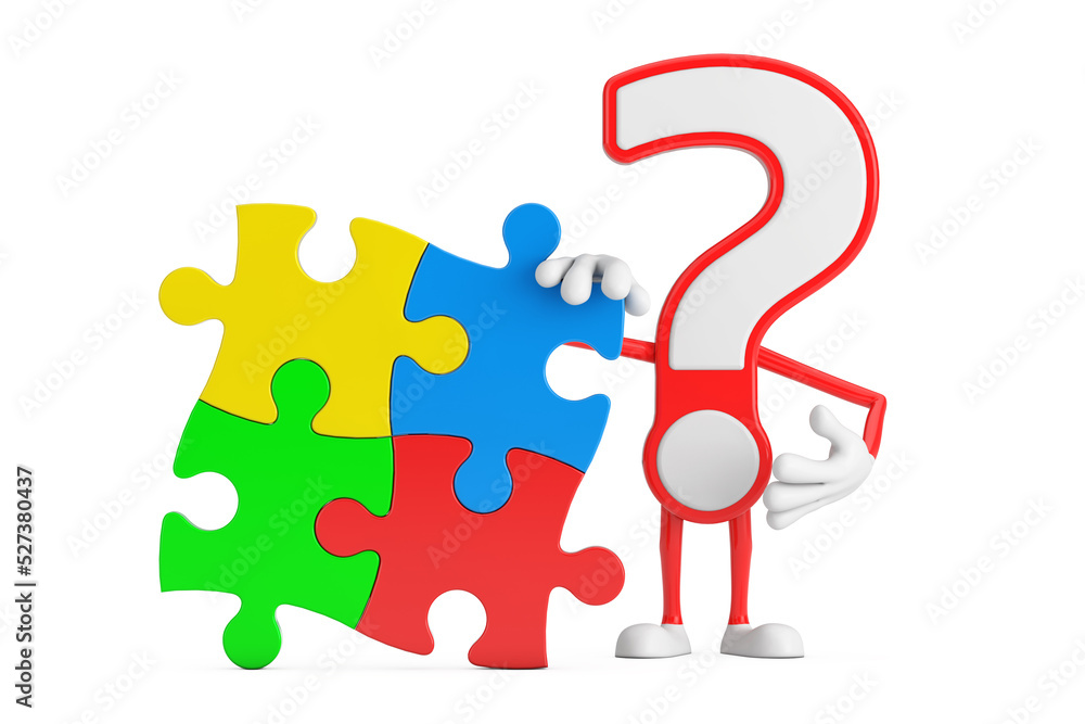 Poster Question Mark Sign Cartoon Character Person Mascot with Four Pieces of Colorful Jigsaw Puzzle. 3d Rendering