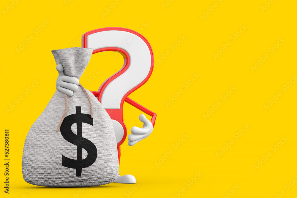 Poster question mark sign cartoon character person mascot with tied rustic canvas linen money sack or money