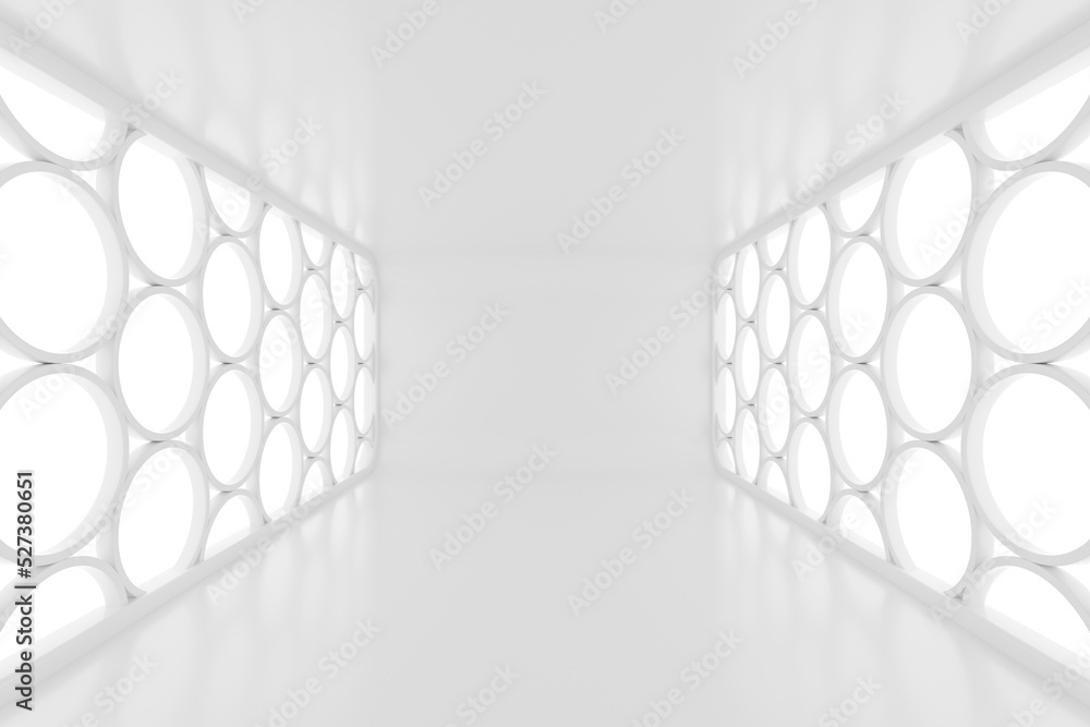 Poster illuminated empty open space, corridor or room interior, white abstract modern architecture backgrou
