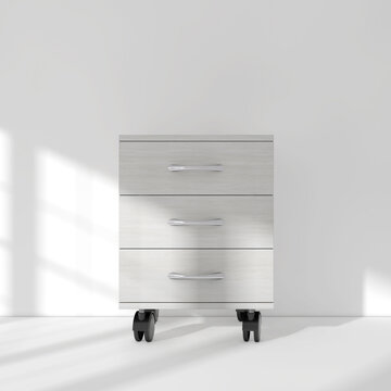 White Modern Room Bedside Table with Wheels. 3d Rendering