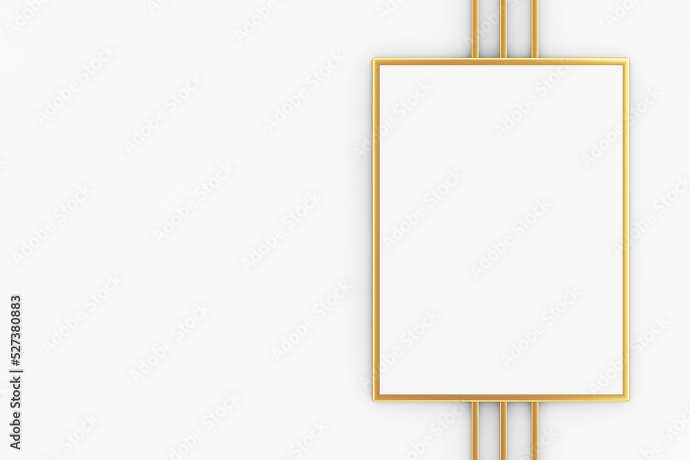 Poster Premium Abstract White Golden Blank Picture Frame Mockup with Abstract Golden Lines. 3d Rendering