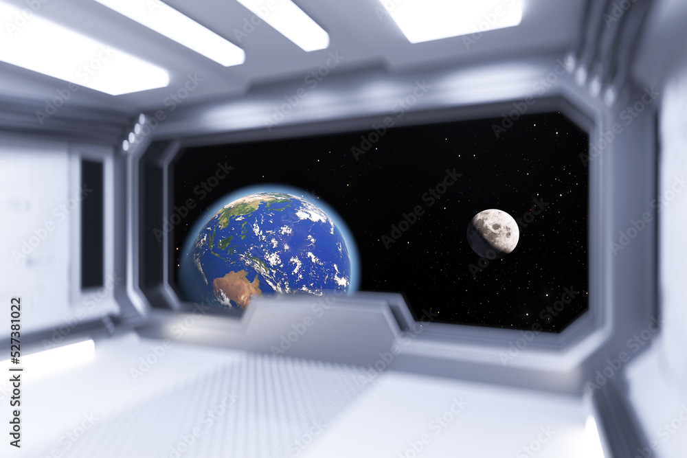 Poster Spaceship White Room Interior with View on Space and Earth Planet. Elements of this image furnished by NASA. 3d Rendering