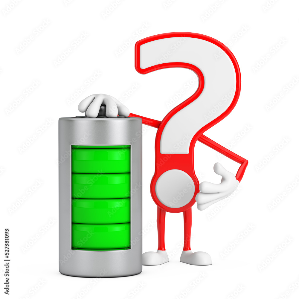 Aufkleber question mark sign cartoon character person mascot with abstract charging battery. 3d rendering