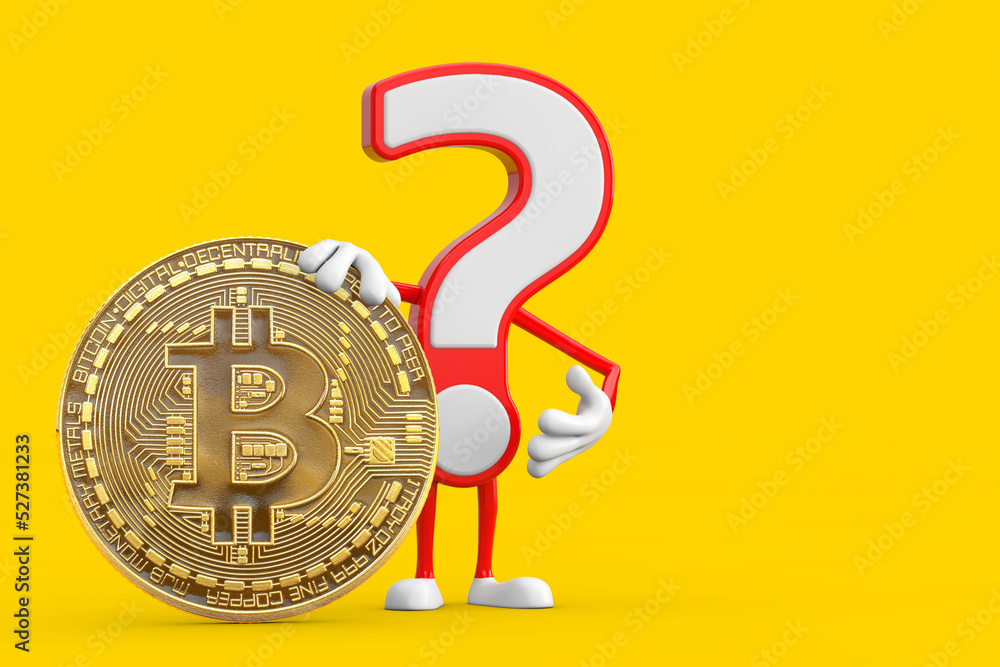 Poster question mark sign cartoon character person mascot with digital and cryptocurrency golden bitcoin co
