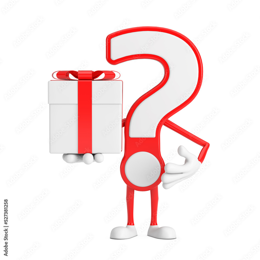 Poster question mark sign cartoon character person mascot and gift box with red ribbon. 3d rendering