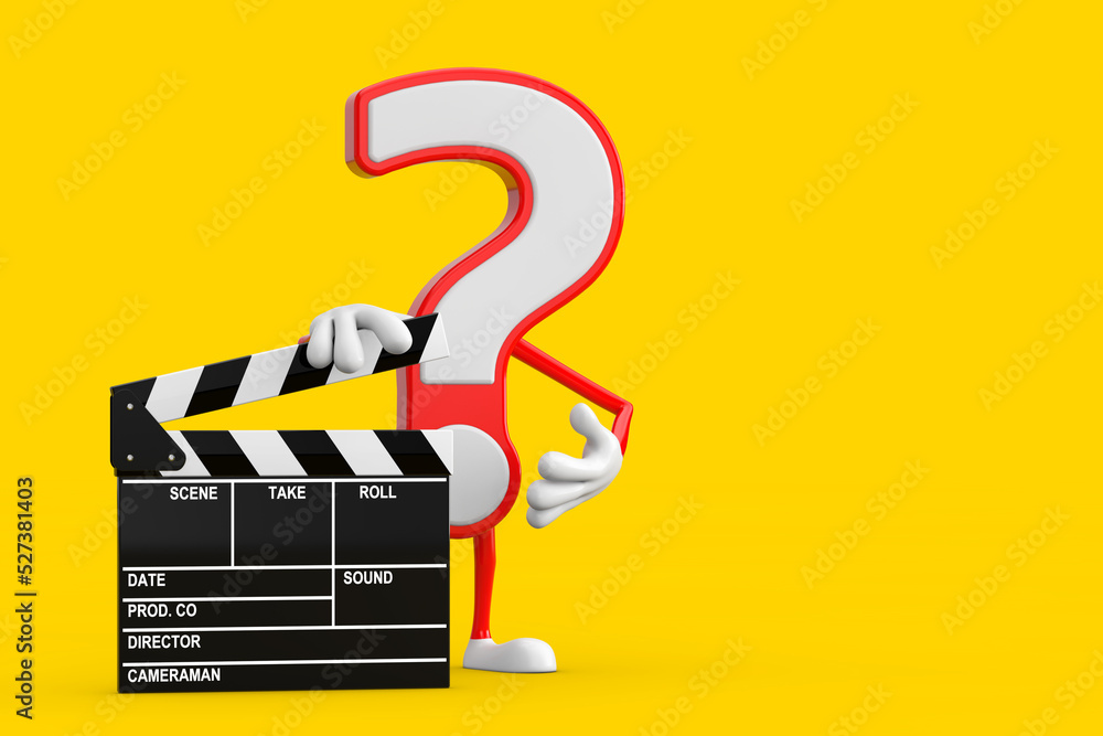 Aufkleber question mark sign cartoon character person mascot with movie clapper board. 3d rendering