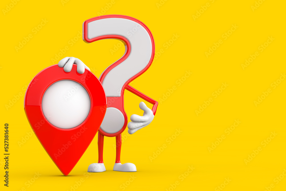 Poster question mark sign cartoon character person mascot with red map pointer target pin. 3d rendering