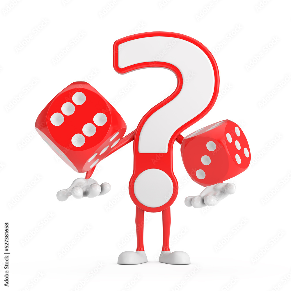 Leinwandbilder question mark sign cartoon character person mascot with red game dice cubes in flight. 3d rendering