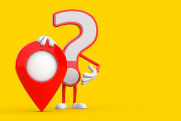 Question Mark Sign Cartoon Character Person Mascot with Red Map Pointer Target Pin. 3d Rendering