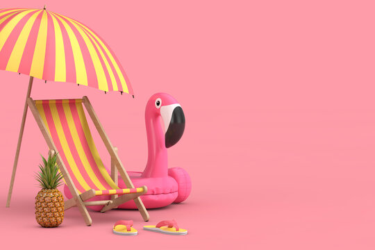  Cartoon Beach Chair, Swimming Pool Inflantable Rubber Pink Flamingo Toy, Beach Umbrella, Beach Flip Flops Sandals and Fresh Ripe Tropical Healthy Nutrition Pineapple Fruit. 3d Rendering