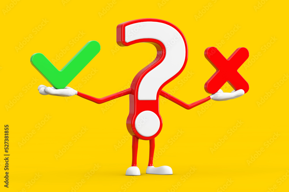 Poster question mark sign cartoon character person mascot with red cross and green check mark, confirm or d