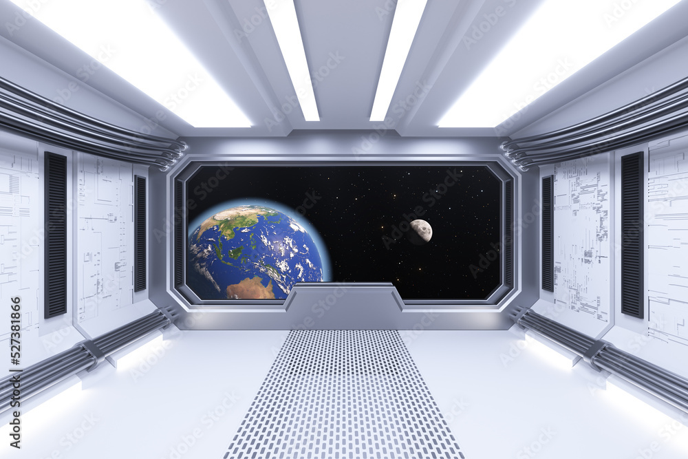 Poster spaceship white room interior with view on space and earth planet. elements of this image furnished 