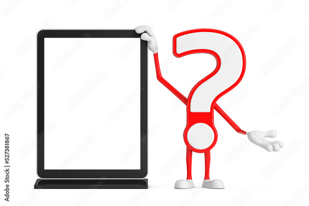 Fototapete question mark sign cartoon character person mascot with blank trade show lcd screen display stand as