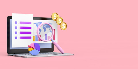 Online Trading, Business Investment, Maketing and Analysis Concept. Cartoon Laptop with Graphs, Magnifier, Chart Pie and Dollar Coins. 3d Rendering