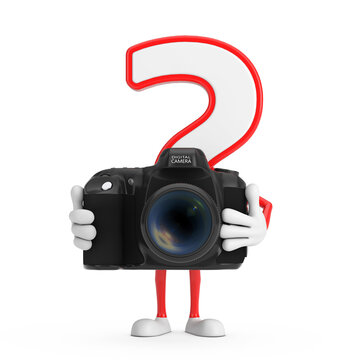 Question Mark Sign Cartoon Character Person Mascot with Modern Digital Photo Camera. 3d Rendering