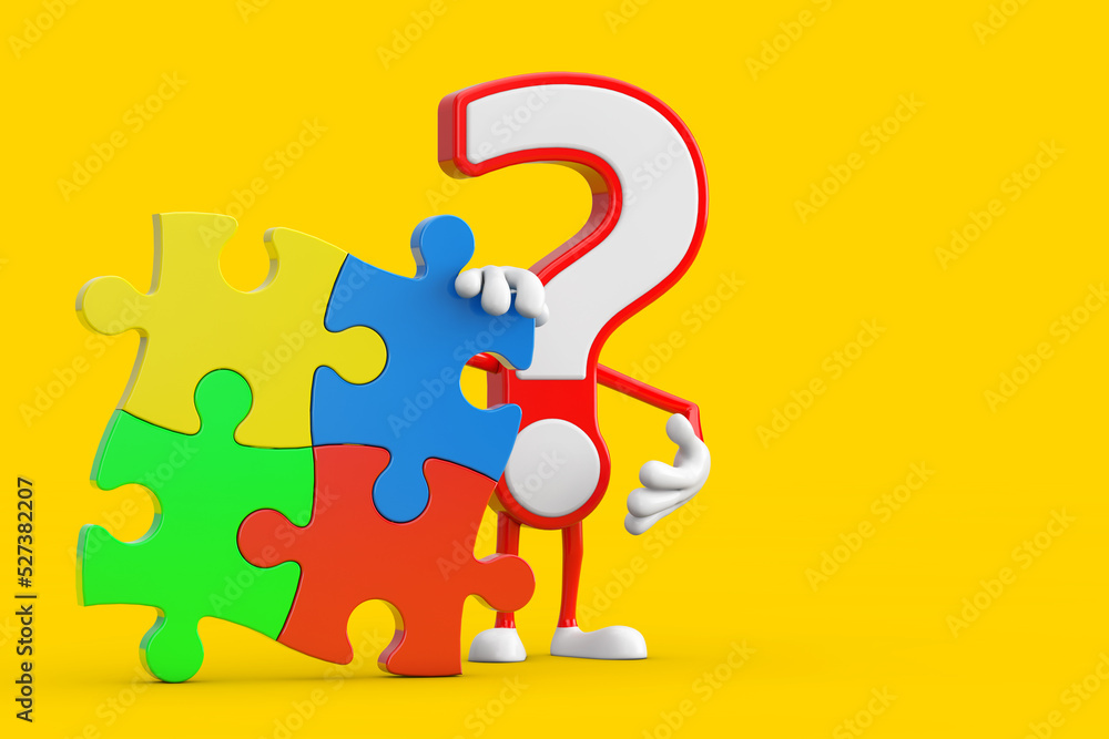 Poster question mark sign cartoon character person mascot with four pieces of colorful jigsaw puzzle. 3d re