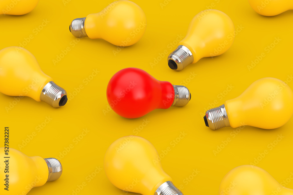 Aufkleber Idea Concept. One Red Light Bulb in Heap of Yellow Light Bulb. 3d Rendering
