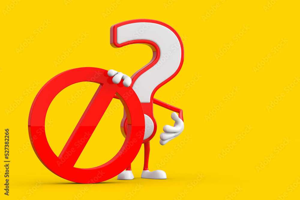 Aufkleber question mark sign cartoon character person mascot with red prohibition or forbidden sign. 3d render