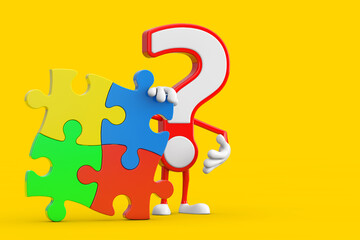 Question Mark Sign Cartoon Character Person Mascot with Four Pieces of Colorful Jigsaw Puzzle. 3d Rendering