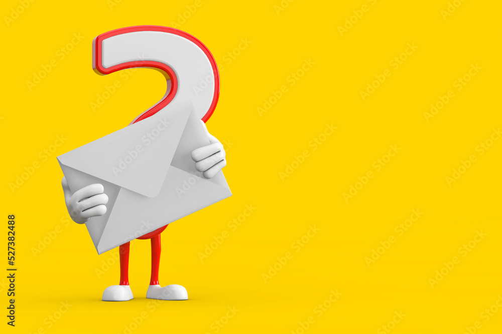Poster question mark sign cartoon character person mascot with white blank envelope. 3d rendering