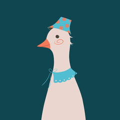Cute goose in a summer panama and fishnet collar. Illustration of a funny duck. Panama in flower.