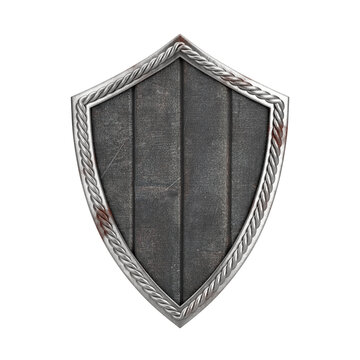 Old Wooden Medieval Viking Warrior Shield with Metal Frame. 3d Rendering