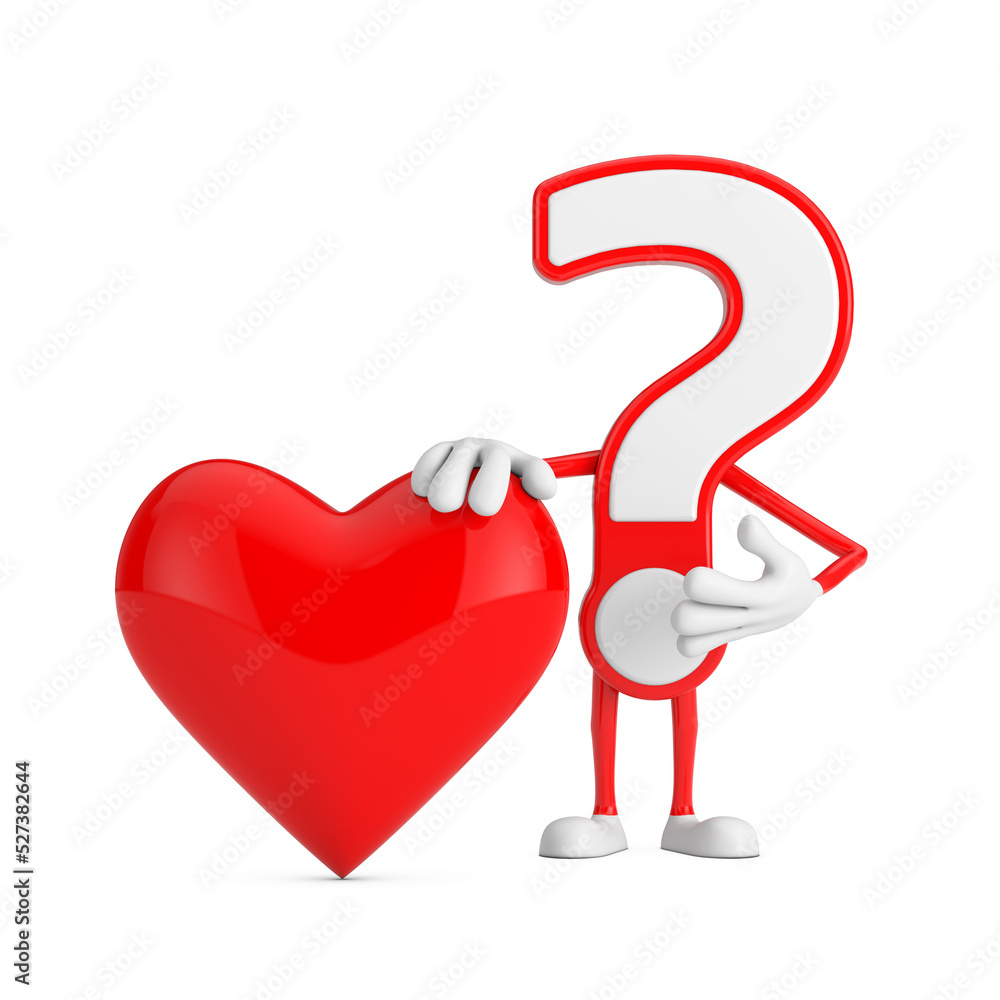 Aufkleber Question Mark Sign Cartoon Character Person Mascot with with Red Heart. 3d Rendering