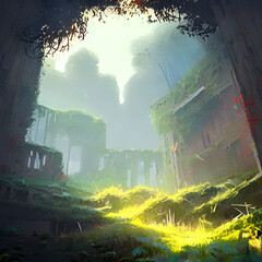 Abandoned overgrown ruins. Foggy, misty atmosphere. 