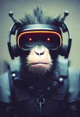 Realistisches Porträt eines Sci-Fi-Cyberpunk-Affen in einem Cyber-Anzug. Futuristischer Hightech-Affe aus der Zukunft. Das Konzept der virtuellen Realität und Cyberpunk. 3D-Rendering. © designprojects