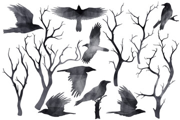 PNG hand drawn black watercolors ravens in different poses, flying black birds and tree branches collection isolated on transparent background. - obrazy, fototapety, plakaty