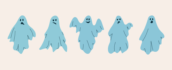 Flying ghosts. Halloween doodle spooky ghostly monsters with funny faces. Cute abstract cartoon characters. Holiday vector flat set