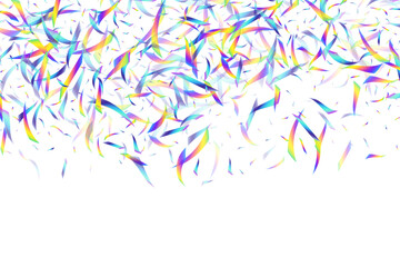 Holographic flying confetti glitters isolated on transparent background. Rainbow iridescent overlay texture confetti. Vector festive foil hologram tinsels on white.