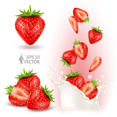 Set of ripe red strawberries. Juicy berries falling into milk or yogurt splash. 3d realistic vector illustration isolated on white background