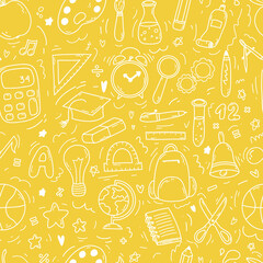 Hand drawn doodle seamless pattern with school icons on orange background. Vector illustration of supplies, back to school concept for print, web and textile design, stationery