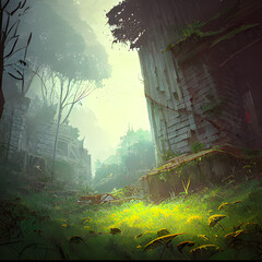 Abandoned overgrown ruins. Foggy, misty atmosphere. 