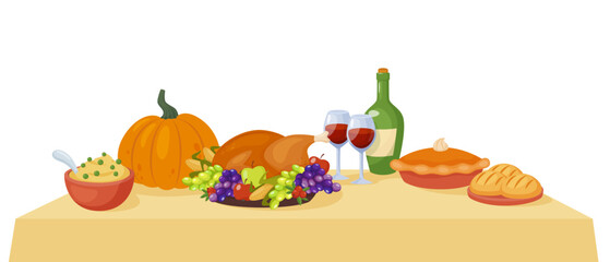 Table with Thanksgiving Day dinner. Traditional autumnal holiday meal. Cartoon style vector illustration.