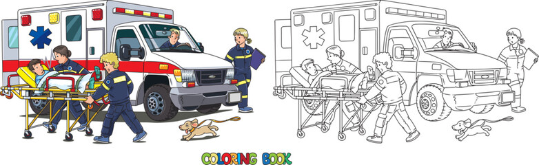 Paramedics near the ambulance. Cars coloring book