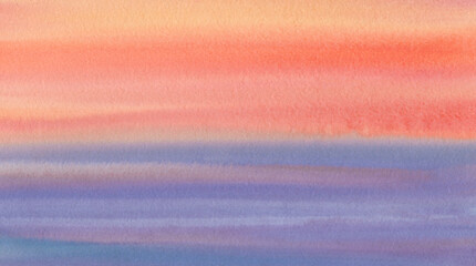 Orange blue watercolor background. Abstract sunset painted with a brush.Bright sky and water watercolour.Horizontal gradient from blue to orange watercolor background, wash technique.
