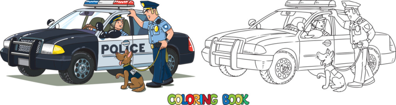 Police officers and police car. Coloring book