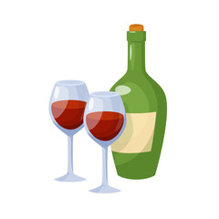 Green wine bottle and glasses with wine. Vector isolated illustration in cartoon style