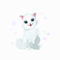 Cute white kitten with beautiful, big, blue eyes. Isolated on a white background. Vector.