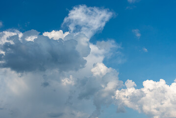 Naklejka na ściany i meble Illuminated cumulus white clouds against a blue sky.