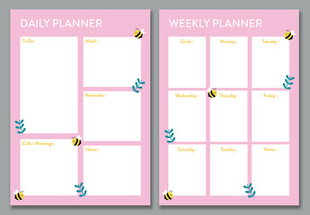 Pink Planner with Bee and Leaf Illustration