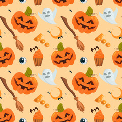 Halloween holiday seamless pattern background with hand drawing elements - pumpkin, ghost, cat and skull. Vector illustration