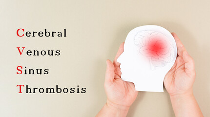 Cerebral venous sinus thrombosis is standing on the background, Silhouette of a head with a brain, red blood clot, side effect covid-19 vaccine - obrazy, fototapety, plakaty